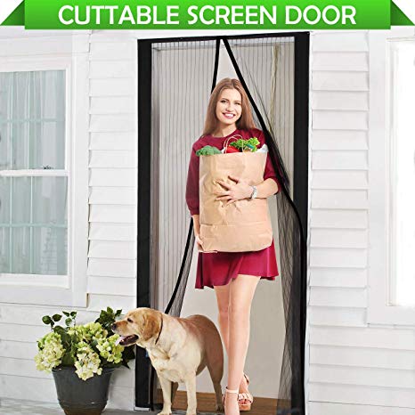 Homitt Cuttable Magnetic Screen Door Mesh Curtain Dimension Adjustable with Push Pins for Reinforcement, Keep Fresh Air in (Fits Door Size 30"-36"W 82"H, Black- Polyester)
