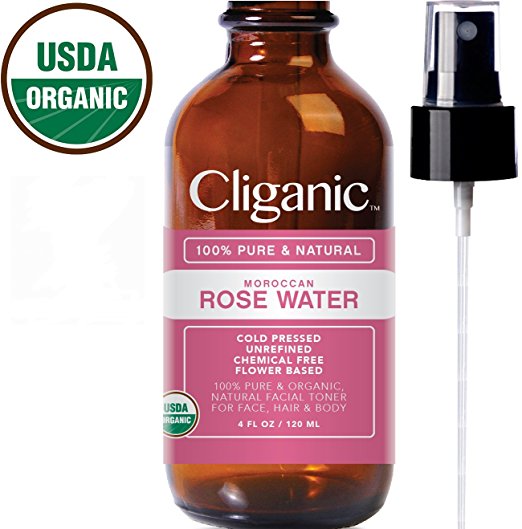 Cliganic USDA Organic Rose Water Spray Toner for Face & Hair, 100% Pure (Large 4oz) - Natural Rosewater Facial Mist Moroccan Petal Flower - Certified Organic | Cliganic 90 Days Warranty