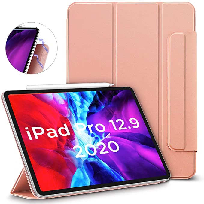 ESR Rebound Magnetic Smart Case for iPad Pro 12.9" 2020 4th Gen, Convenient Magnetic Attachment [Supports Apple Pencil Pairing & Charging] Smart Cover, Auto Sleep/Wake Trifold Stand Case - Rose Gold