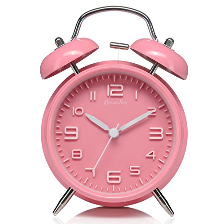 DreamSky Alarm Clock With Backlight, Non Ticking & Silent ,3D Number Display , Loud Alarms For Heavy Sleeper , Battery Operated Vintage Twin Bell Clock For Bedrooms , Pink