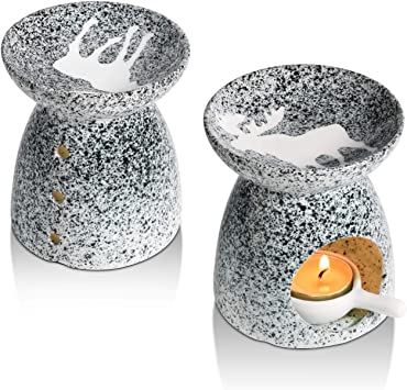 ComSaf Essential Oil Burners Set of 2, Ceramic Wax Melt Burners Tealight Candle Holder Scented Aroma Diffuser Furnace Home Decoration Gray