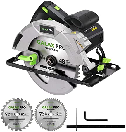 GALAX PRO 15A 5300 RPM Corded Circular Saw, Bevel Angle (0-90°) Cuts with 2Pcs TCT Blade (24T 48T) plus 1 Allen Wrench, Aluminum Lower Guard for Wood and Logs Cutting