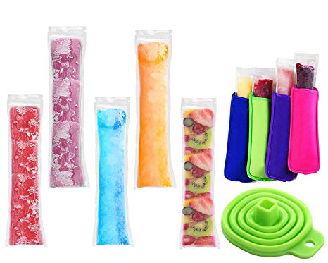 200 Pack Ice Popsicle Molds Bags - Zip-Top Disposable DIY Ice Pop Mold Bags - Summer Ice Pop Pouch with 4 Ice Pop Sleeves & 1 Silicone Funnel for Yogurt, Ice Candy, Otter Pops, Gogurt, or Freeze Pops