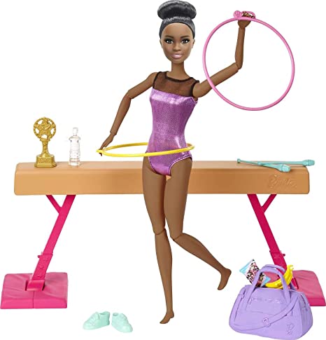 Barbie Gymnastics Playset: Brunette Doll with Twirling Feature, Balance Beam, 15  Accessories, Great Gift for Ages 3 to 7 Years Old