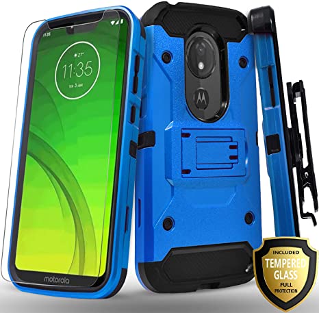 Moto G7 Power Case, Moto G7 Supra XT1955 Case, Moto G7 Optimo Maxx Case, With [Tempered Glass Screen Protector] Full Cover Heavy Duty Dual Layers Phone Cover with Kickstand and Locking Belt Clip-Blue