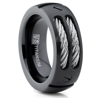 Metal Masters Co.® 8MM Men's Black Titanium Ring Wedding Band with Stainless Steel Cables and Screw Design Sizes 7 to 13