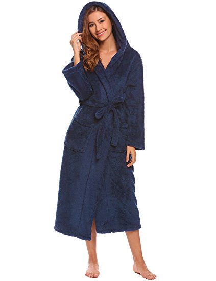 L'amore Women’s Wram Fleece Bathrobe with Hood Warm Spa Robes Winter Sleepwear