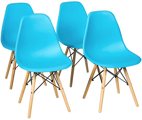 Giantex DSW Dining Chairs, Pre Assembled Mid Century Style Wood Dining Chairs, Modern DSW Chair, Shell Lounge Plastic Side Chair Kitchen, Dining, Bedroom, Living Room, Set of 4, Blue