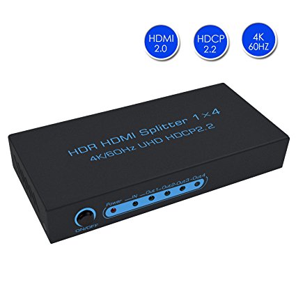 4K@60Hz HDMI Splitter 1x4 FiveHome Newest 1 In 4 Out HDMI Splitter Supports HDR, HDMI 2.0,HDCP 2.2, Ultra HD ,1080P, 3D