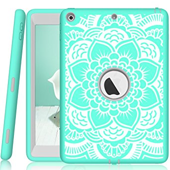 iPad 5 Case A1822/A1823 Hocase High-Impact Shock Absorbent Rubber Hard PC Bumper Dual Layer Protective Case with Mandala Flower Design and Kickstand for iPad 5th Generation 2017 - Mint Green / Gray