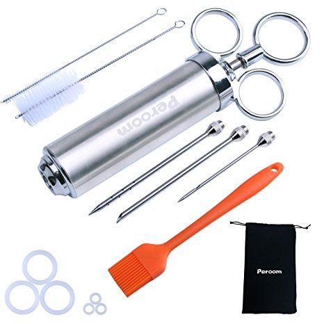 Meat Injector, Peroom 2-oz 304 Stainless Steel Marinade Flavor Injector Syringe Kit with 3 Needles, 2 Cleaning Brushes and 6 Silicone O-rings, Basting Brushes - 100% BPA Free Food Grade Material