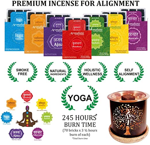 Aromafume 7 Chakra Incense Bricks (Sahasrara, Ajna, Vishuddha, Anahata, Manipura, Swadishtana, Muladhara - 9 Each) & Tree of Life Exotic Burner. Ideal for Meditation, Yoga, Chakra Balance