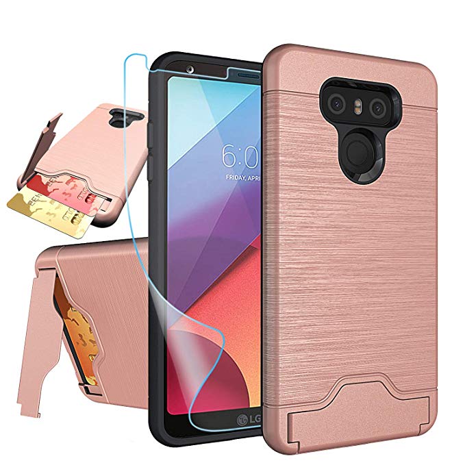 NiuBox LG G6 Case,LG G6 Card Case with HD Screen Protector, [Card Slot Wallet Fits 2 Cards] [Kickstand] Dual Layer Hybrid Shock Absorption Protective Phone Case for LG G6 (Verizon 2017) - Rose Gold