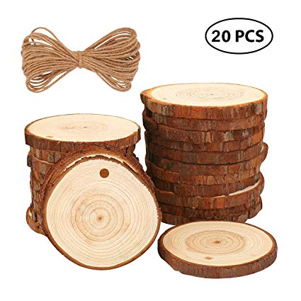 Fuyit Natural Wood Slices 20 Pcs 3.5"-4.0" Drilled Hole Unfinished Log Wooden Circles for DIY Crafts Wedding Decorations Christmas Ornaments with Free Gifts