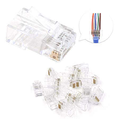 [UL Listed] VCE 50 Pack RJ45 8P8C CAT6 Connector End Pass Through 3 Prong Ethernet Modular Plug-50u Gold Plated