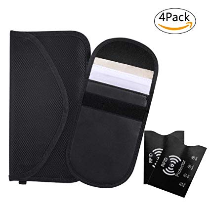 RFID Signal Blocking Pouches, 2 x Faraday Bags and 2 x RFID Blocking Sleeves, Privacy Prevention for Car Keys,Credit Cards& Mobile Phone, 100% Blocking WIFI/GSM/LTE/NFC/RF