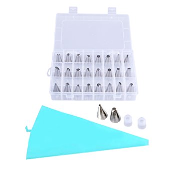 27 in 1 Cake Decorating Tips Kits, KinHom Professional 24 Stainless Steel Icing Tips Nozzles Set Tools and 1 Reusable Silicone Pastry Bag with 2 Plastic Coupler for All Types Pattern