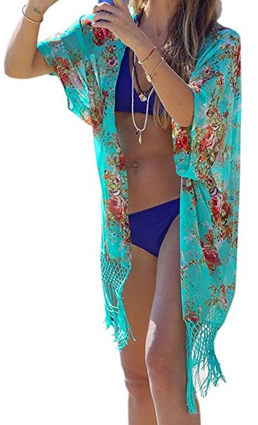 Yiyipig Women's Chiffon Flower Print Tassels Beach Swimwear Beachwear Cover Up