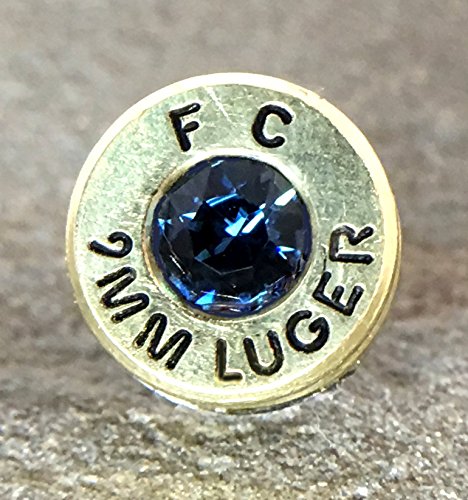 Swarovski 9MM Bullet Casing Tie Pin Brass Federal Critical Defense with Montana Navy Blue Center
