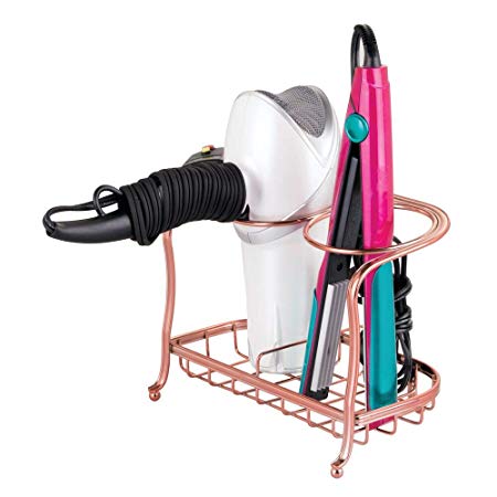 mDesign Hair Dryer and Flat Iron Holder - Ideal for Storage of Hair Dryer, Hair Straightener, Hair Brushes and More - Metal Hair Dryer Stand - Rose Gold