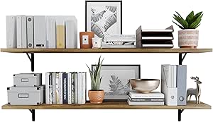 Wallniture Forme 60"x10" Floating Shelves for Wall Decor, Rustic Wall Bookshelf, Wall Shelves for Living Room Decor, Office Floating Shelf, Wall Shelf Set of 2, Kitchen Pantry Room, Burnt, Wood