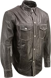 Xelement XS921G Men's 'Nickel' Distress Gray Casual Biker Rider Leather Shirt with Vintage Buffalo Buttons - 2X-Large