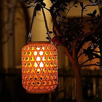 Outdoor Solar Powered Khaki Color Wooden Lantern Courtyard Decorative Light Imitation Rattan Woven Wind Lamp