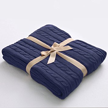 NTBAY 100% Cotton Cable Knit Throw Blanket Super Soft Warm Multi Color(51"x 67", Navy)