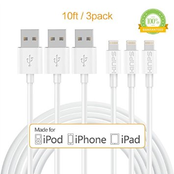 Apple MFi Certified Lightning Cable 3 Pack- Kinps 10ft3m Extra Long 8 pin Lightning Sync and Charge Cable with Compact Connector for iPhone iPod and iPad 10FT-White-3pack