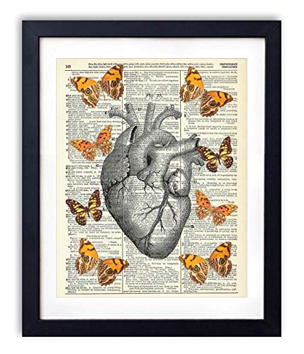 Anatomical Heart With Yellow Butterflies Upcycled Vintage Dictionary Art Print 8x10