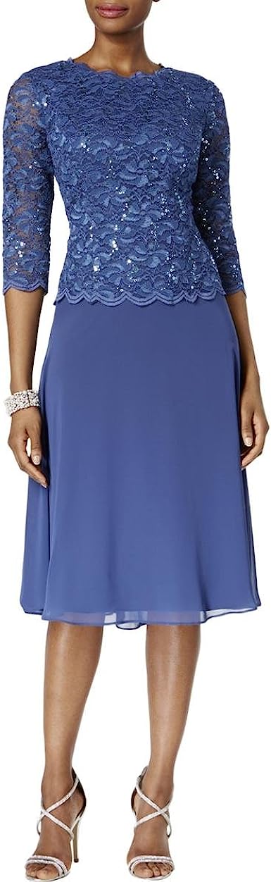 Alex Evenings Women's Tea Length Sequin Mock Dress (Petite and Regular)