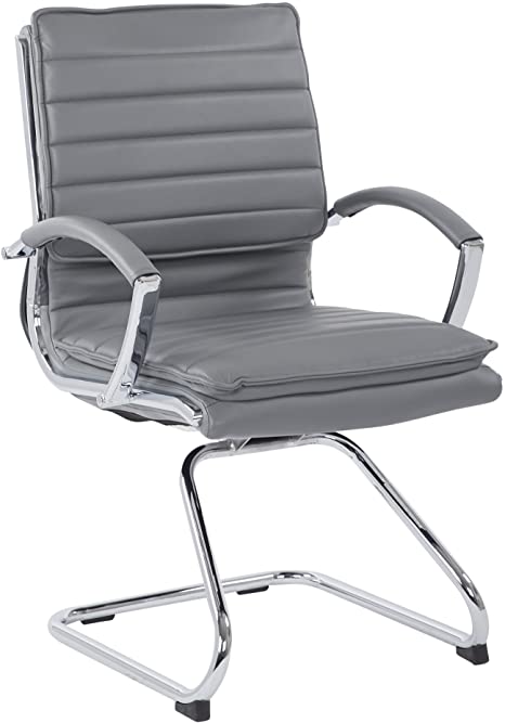 Office Star Faux Leather Guest Chair with Loop Arms and Chrome Sled Base, Charcoal