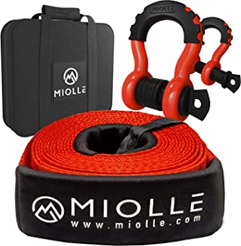 Miolle Tow Strap 4”x30’- 45000lbs MBS (Lab Tested) Recovery Strap Kit Includes: Tow Rope, 2 D-Ring Shackles MBS- 62700LBS, Storage Case
