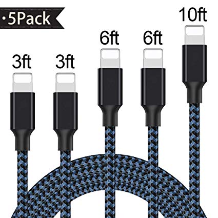 iPhone Charger, CBoner MFi Certified Lightning Cables 5Pack 2x3FT 2x6FT 10FT to USB Syncing Data and Nylon Braided Cord Charger for iPhone Xs/Max/XR/X/8/8Plus/7/7Plus/6S/6S Plus/SE/iPad and More