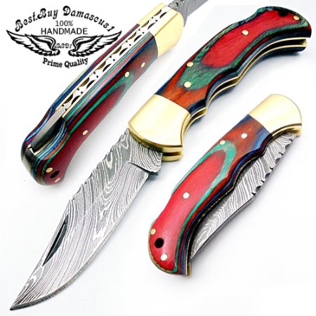 Beautiful Multi Wood 6.5'' Handmade Damascus Steel Folding Pocket Knife With Back Lock 100% Prime Quality