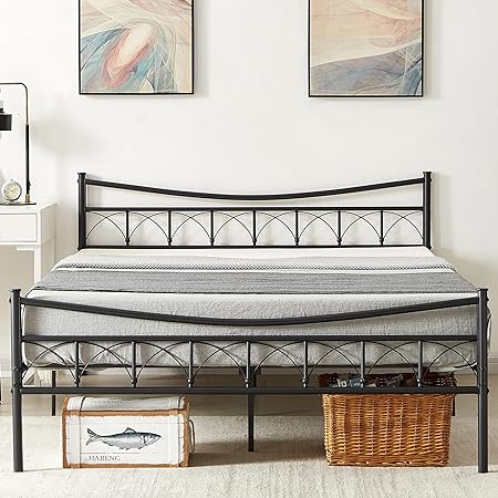 VECELO Queen Size Bed Frames, Heavy Duty Metal Bedframe with Vintage Headboard and Footboard, Mattress Foundation/No Box Spring Needed/No Noise/Easy Set Up, Black