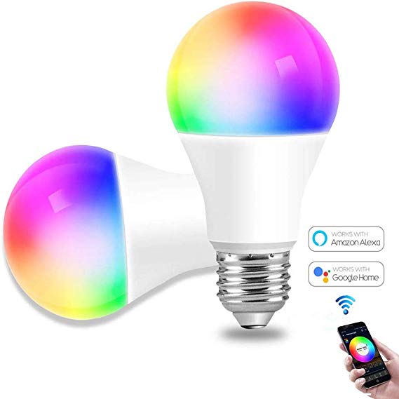 WiFi Smart Light Bulb Compatible with Alexa,Google Assistant (No Hub Required), E26 E27 B22 40W Equivalent RGBW Color Changing LED Bulbs with Sunset/Sunrise/Music Mode,2 Pack