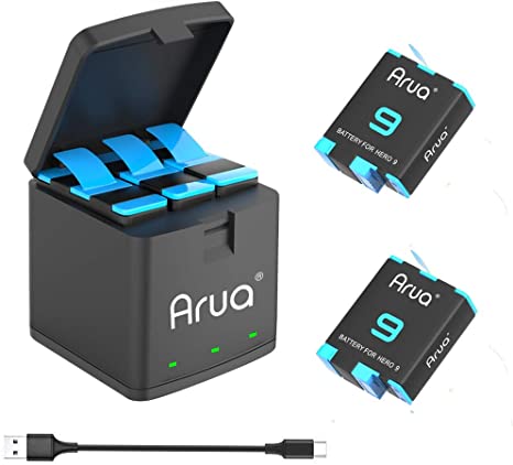 Arua 2-Pack 1800mAh Hero 9 Replacement Batteries and 3-Channel LED USB Storage Charger with Lid for GoPro Hero 9 Black, Fully Compatible with GoPro Hero 9 Original Battery and Charger