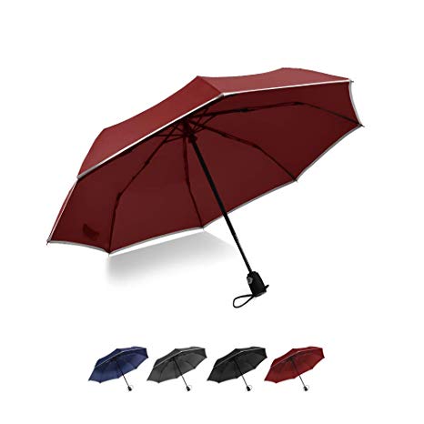Brainstorming Travel Umbrella, Portable Umbrella with 8 Fiberglass Ribs, Automatic Open Close, Teflon Coating, Waterproof & Windproof, Compact Lightweight Umbrellas with Reflective Stripe - Red