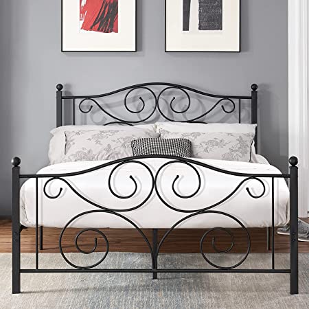 VECELO Metal Bed Frame with Headboard and Footboard, Iron Mattress Foundation No Box Spring Needed, Heavy Duty/Easy Set Up, Queen, Black