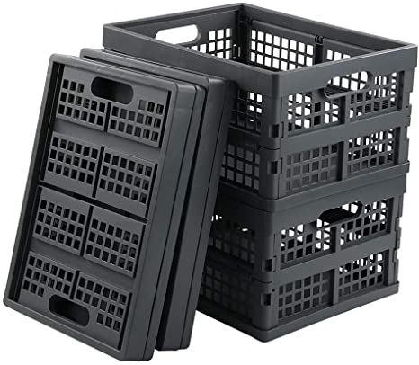 Readsky 4 Packs Collapsible Plastic Storage Baskets, Flat Folding Crate, Deep Gray