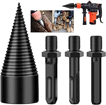 Firewood Log Splitter, 3pcs Drill Bit Removable Cones Kindling Wood Splitting logs bits Heavy Duty Electric Drills Screw Cone Driver Hex   Square   Round 32mm/1.26inch