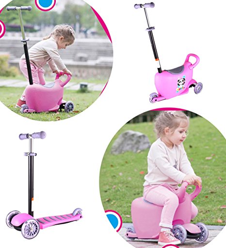 X-Free 3-in-1 Deluxe1-8 Years Kids Adjustable Height Scooter with Light Up Wheels（Scooter Complete with Knee Elbow and Helmet)Blue or Pink