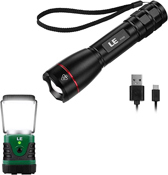 LE Rechargeable LED Camping Lantern and Flashlight Set, 1000 Lumens, Adjustable Brightness for Camping, Running, Hurricane Emergency, Hiking, Home and More, USB Cable Included