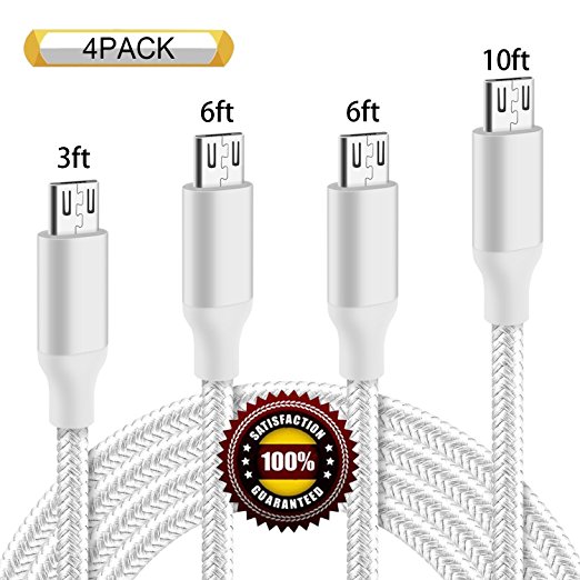 BULESK Micro USB Cable 4Pack 3FT 6FT 6FT 10FT 5000  Bend Lifespan Premium Nylon Braided Micro USB Charging Cable Samsung Charger Cord for Samsung Galaxy S7 Edge/S7/S6/S4/S3,Note 5/4/3 (Silver)