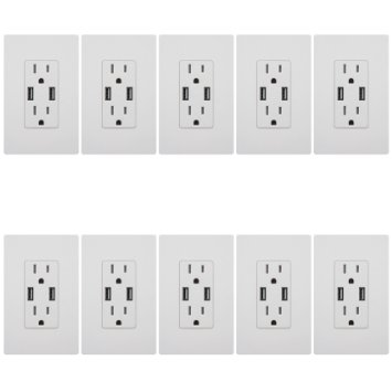 TOPGREENER TU2154A 4A High Speed USB Charger Receptacle 15A Tamper-Resistant Outlet w 2 Wall Plates10-Pack White