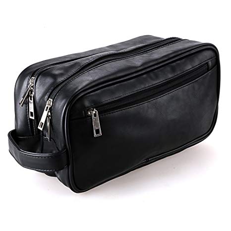 Hipiwe PU Leather Travel Toiletry Bag, Unisex Waterproof Hanging Travel Toiletry Dopp Kit Case Organzier (Two layers)