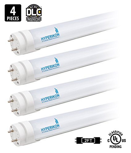 Hyperikon T8 LED Light Tube, 2ft, 10W (25W equivalent), 4000K (Daylight Glow), Frosted Cover, Dual-end powered, DLC & UL-Listed - (Pack of 4)