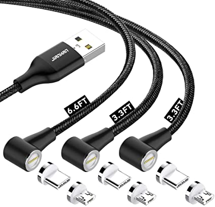 Magnetic Charging Cable,JianHan 3 Pack [3.3 3.3 6.6ft] Type C   Micro USB 2 in 1 USB Magnetic Cable 90 Degree Right Angle with Led Light for Samsung S20,S10,S9,S8,Note 8 9 10,S7 S6 S6 Edge,Kindle,Android Magnetic Phone Charger (Black)