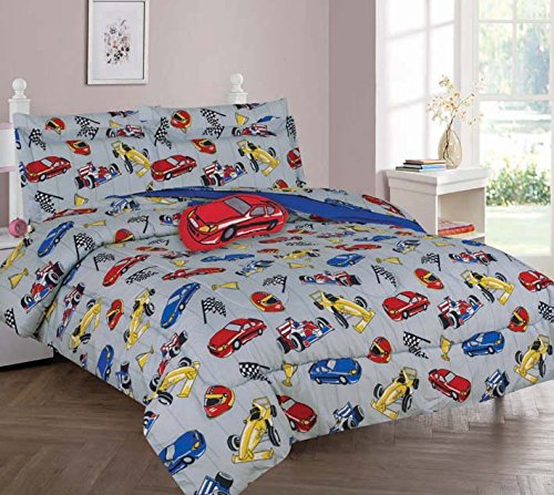 Elegant Home Multicolor Grey Red Blue Yellow Racing Cars Design 8 Piece Comforter Bedding Set for Boys / Kids Bed In a Bag With Sheet Set & Decorative TOY Pillow # Race Car (Full)